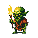 A menacing, green-skinned goblin holds a flickering torch, its red eyes and sneering mouth hinting at mischief. This pixel art creature, rendered in muted, earthy tones, evokes a nostalgic fantasy vibe.