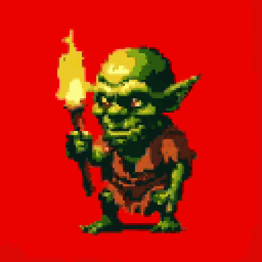 A menacing, green-skinned goblin clutches a torch, its red eyes gleaming in the light. The pixel art evokes a sense of foreboding and fantasy adventure.