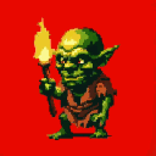 A menacing, green-skinned goblin, rendered in pixel art, crouches while holding a flickering torch. The creature's reddish-brown eyes and sneer hint at a sinister intent.