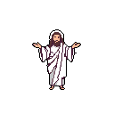 This pixel art image depicts Jesus with arms outstretched in a welcoming gesture, rendered in a minimalist style with a serene expression. The figure stands centrally against a stark black background, emphasizing the peaceful and reverent mood.