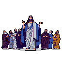 A pixel art image depicts a central robed figure, significantly taller than the others, gesturing authoritatively to a group of nine followers. The scene, set against a stark black background, conveys a sense of historical or religious importance, like a lesson being imparted.