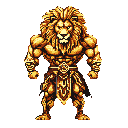 This pixel art portrays a powerful, regal lion-headed humanoid warrior in golden and brown hues. The muscular figure, adorned with ornate armor, exudes strength and authority.