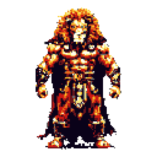 A powerful pixel art warrior with a fiery mane and imposing armor stands ready for battle, radiating intensity and strength. The orange and brown color palette enhances the figure's menacing presence and regal bearing.