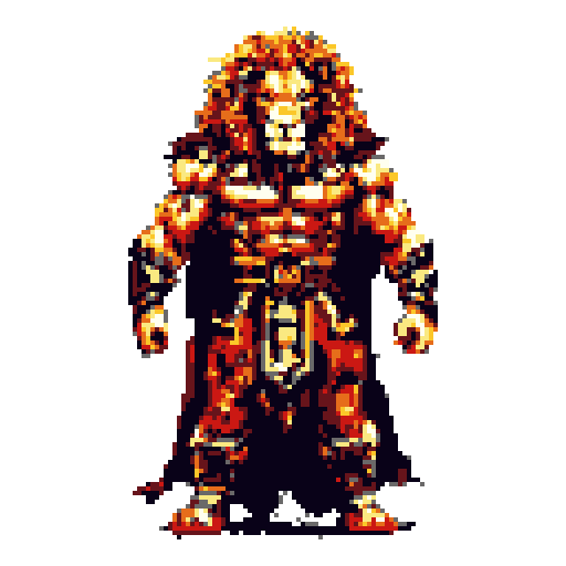A powerful, pixelated lion-headed warrior stands ready, radiating strength and majesty with ornate armor and a stoic expression. The warm color palette emphasizes the figure's intimidating presence.