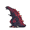 A pixelated, Godzilla-like kaiju roars with menacing power, its purple-grey body marked with vivid red splotches and highlighted by glowing red and yellow dorsal spines. The creature's formidable presence and retro style evoke a sense of impending destruction.