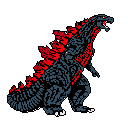 This pixel art captures the raw power of Shin Godzilla, depicted in a menacing roar with glowing red fissures accentuating its destructive energy. The stark, monochromatic design emphasizes the kaiju's ominous presence and jagged form.