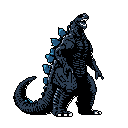 This pixel art Godzilla embodies raw power, poised to strike with glowing blue dorsal fins and a menacing open mouth. The classic kaiju silhouette, rendered in stark blue-gray against a black background, evokes a sense of impending threat.