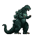 This pixel art showcases a powerful, Godzilla-like creature mid-roar, its dark green scales and dynamic pose conveying a sense of menace and impending action. The reptilian beast dominates the frame, its raised claw and open mouth hinting at a display of raw strength.