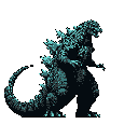 A retro pixel art Godzilla roars against a stark black backdrop, its teal silhouette and glowing cyan dorsal fins radiating power and destructive potential.