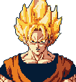 This pixel art portrait captures the fierce determination of Goku in Super Saiyan form, his golden hair radiating power against a stark black backdrop. The image evokes classic 16-bit era nostalgia, highlighting the iconic character's strength and intensity.