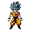 This pixel art captures Super Saiyan Blue Goku in a powerful, retro-style stance against a stark black background. The limited color palette and chunky pixels evoke a nostalgic, 8-bit gaming vibe, highlighting the iconic character's raw energy.