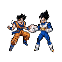 This pixel art depicts Goku delivering a powerful punch to Vegeta, capturing a dynamic moment of their iconic rivalry. The vibrant colors and sharp pixels evoke a nostalgic, action-packed scene reminiscent of classic fighting games.