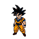 This pixel art captures Goku in a classic 8-bit style, evoking retro gaming nostalgia. The iconic Dragon Ball hero stands ready, his vibrant orange gi popping against the stark black background.