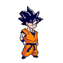 This pixel art captures a confident, young Son Goku in his classic orange gi, smiling mischievously. The vibrant, 8-bit style focuses on the iconic character with bold colors and a simple design.