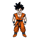 This pixel art depicts Son Goku in a confident stance, his iconic spiky hair and orange gi rendered in vibrant, retro style. Against a stark black background, the minimalist design evokes a sense of nostalgic energy and classic video game aesthetics.