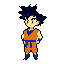 This pixel art image features a chibi-style Son Goku standing confidently with hands on hips. The vibrant colors and simplified design capture the playful nostalgia of classic video games, instantly recognizable to fans.