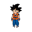 This pixel art image presents a young, stationary Goku-like boy in his classic orange and blue outfit. The retro style and recognizable colors evoke a sense of nostalgia for the iconic *Dragon Ball* character.