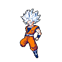 This pixel art captures Goku in his powerful Ultra Instinct form, poised mid-action with a determined expression. The limited color palette of oranges, blues, and whites emphasizes the energetic vibe of this Dragon Ball hero.