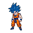This pixel art captures Goku in his Super Saiyan Blue form, radiating intense power and determination. The vibrant colors and dynamic pose bring the iconic Dragon Ball character to life in a nostalgic, retro style.