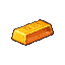 This pixel art image showcases a gleaming gold bar in isometric perspective, rendered with rich yellows and oranges to emphasize its metallic shine and value. The simple yet effective design evokes a sense of wealth and treasure, reminiscent of classic video game loot.