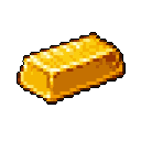 This pixel art image showcases a single, gleaming gold bar, rendered with warm, rich colors and strategic highlights to emphasize its value and three-dimensional form. The isometric perspective and classic style evoke a sense of treasure from retro games.