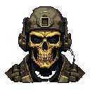 This pixel art image features a skull wearing military tactical gear, rendered in muted, earthy tones with a striking, almost supernatural glow. The soldier's skull bust exudes an ominous and powerful vibe, blending retro gaming aesthetics with a dark, gritty subject matter. The figure is centrally composed within the square frame, occupying the majority of the vertical space and a significant portion of the horizontal space.