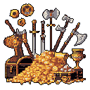 A dazzling pixel art hoard overflows with gold, ornate weapons, and ancient artifacts. This treasure trove evokes classic fantasy adventure and the spoils of a hero's quest.