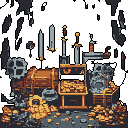 This pixel art depicts a hidden underground chamber filled with a glittering hoard of gold bars and coins, alongside remnants of mining tools and aged machinery. The scene evokes a sense of discovery and forgotten wealth deep within a dark, cavernous space.