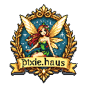 This pixel art emblem features a serene fairy with golden wings and floral-adorned hair, seated within an ornate, laurel-framed oval. The whimsical design, set against a starry teal backdrop, evokes a sense of magic and nature.