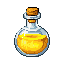 This pixel art depicts a glowing, golden-yellow liquid contained within a clear, corked glass bottle. The simple, centered composition evokes a sense of mystery and potential, like a magical potion or valuable resource.