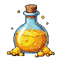 This pixel art image features a shimmering golden potion in a light blue glass bottle, sealed with a cork. Scattered around the base are golden nuggets, suggesting a precious and magical elixir.