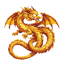 This pixel art showcases a magnificent golden dragon in a dynamic pose, wings spread and ready to strike. The warm color palette and detailed pixel work evoke a sense of power, majesty, and classic fantasy adventure.