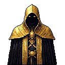 A mysterious, cloaked figure radiates power with glowing yellow eyes and golden attire. The regal mage, adorned with intricate gold details, stands shrouded in darkness.
