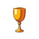 A gleaming, pixelated golden goblet takes center stage, rendered in warm metallic tones and simple, classic style. The image evokes a sense of treasure and simple elegance.