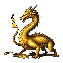 This pixel art image showcases a regal golden dragon, posed mid-roar in a classic, nostalgic style. The monochromatic gold palette and detailed shading bring a sense of power and ancient mystery to the mythical creature.