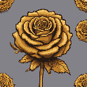 This pixel art showcases a repeating pattern of intricately detailed, metallic golden roses. The central, fully bloomed rose commands attention with its radiant texture and elegant design, creating a luxurious and timeless feel.