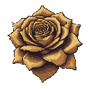 This pixel art image showcases a stylized rose blossom in earthy browns, its intricate petals rendered with retro charm against a stark black background. The somber color palette lends an elegant yet melancholic feel to the digital bloom.