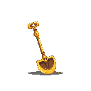 A gleaming golden shovel, rendered in detailed pixel art, stands ready for digging, hinting at treasure and untold riches. The metallic sheen and warm colors emphasize its value and potential.