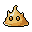 A cute, orange-brown blob creature with wide eyes and tiny horns is rendered in a charming pixel art style. Highlights and greenish-yellow patches add depth to its simple, triangular form.