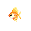 This pixel art image features a charming goldfish, rendered in vibrant oranges and yellows, gracefully swimming against a stark black background. The simple yet elegant design captures the beauty of the fish in a classic 8-bit style.