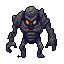 A formidable, pixelated rock golem with piercing orange eyes stands ready for battle. The creature's jagged, earthen form and intense gaze evoke a sense of foreboding and raw power.