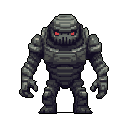 This pixel art depicts a heavily armored golem or soldier with glowing red eyes, standing ready in a dark void. The imposing figure's detailed, grayscale armor and intense gaze evoke a sense of ominous power.