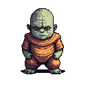 A grumpy, greenish-grey alien-like creature with a bulbous head and clenched fists glares forward, its displeased expression hinting at a potentially aggressive mood. This pixel art portrait captures a tense and isolated figure in stark detail.