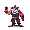 This pixel art image features a menacing clown, poised to strike with a clenched fist and a sinister grin. Red accents and a devilish aesthetic amplify the character's powerful and unsettling presence against the black background.