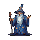 A lone, pixelated wizard with a glowing staff stands against a void, his pose suggesting he's about to cast a spell. The figure, adorned with star-like patterns, exudes an aura of mystique and ancient power.
