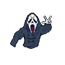 Pixel art Ghostface strikes a surprisingly casual pose, flashing a peace sign with a dark hoodie. The iconic horror figure's lighthearted gesture creates an unexpected contrast with his menacing mask.