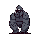 A pixelated gorilla stands tall against a black backdrop, its piercing yellow eyes conveying strength and quiet intensity. The retro style highlights the powerful form of the solitary ape.