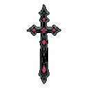 This pixel art showcases an intricately designed Gothic cross, a solitary and ornate relic rendered in dark teal-gray with vibrant red gem embellishments. Its elegant and somewhat ominous design evokes a sense of dark fantasy and ancient power.