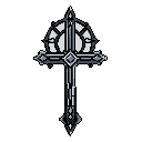This pixel art showcases an ornate Gothic cross, meticulously crafted in shades of gray, black, and white. The symmetrical design and intricate details evoke a sense of solemn elegance and medieval artistry.