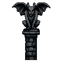 A pixelated gargoyle, rendered in stark grays and blacks, crouches menacingly atop a stone pedestal. Its bat-like wings and snarling expression create a gothic and foreboding image.